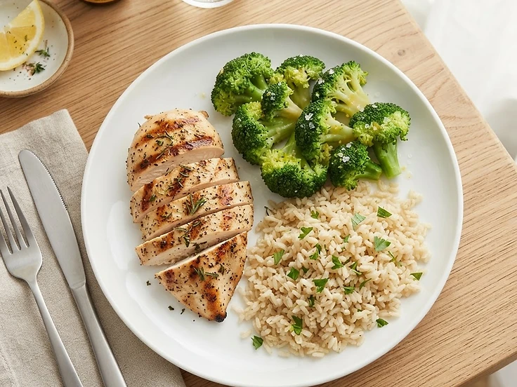 Healthy meal with grilled chicken, vegetables, and rice