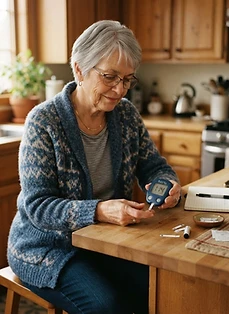 Patient measuring blood glucose at home