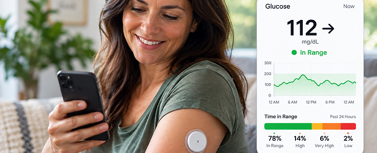 Patient with a CGM sensor and a glucose dashboard showing 112 mg/dL in range