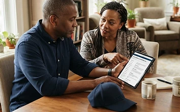 Veteran and caregiver reviewing available benefits and healthcare resources