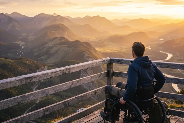 Person in a wheelchair overlooking a mountainous sunset landscape