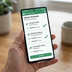Smartphone app displaying a medication list with scheduled doses