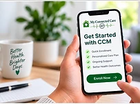 Hand holding a smartphone showing an illustrative My Connected Care CCM enrollment screen