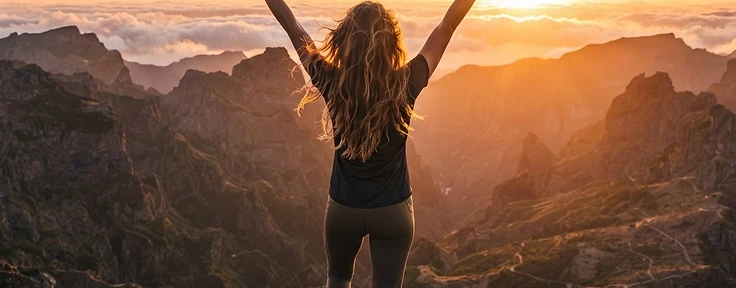Woman celebrating on a hilltop at sunrise
