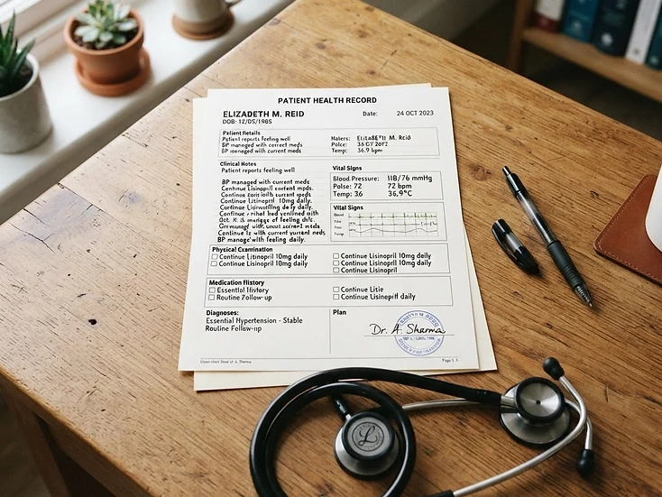 Medical report document on a desk with a stethoscope