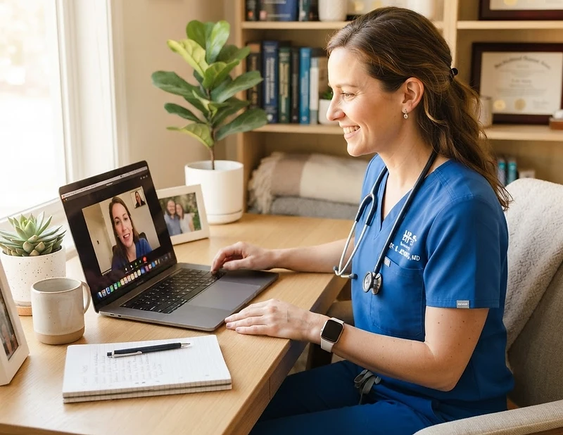 Doctor in scrubs conducting a telehealth video visit from home