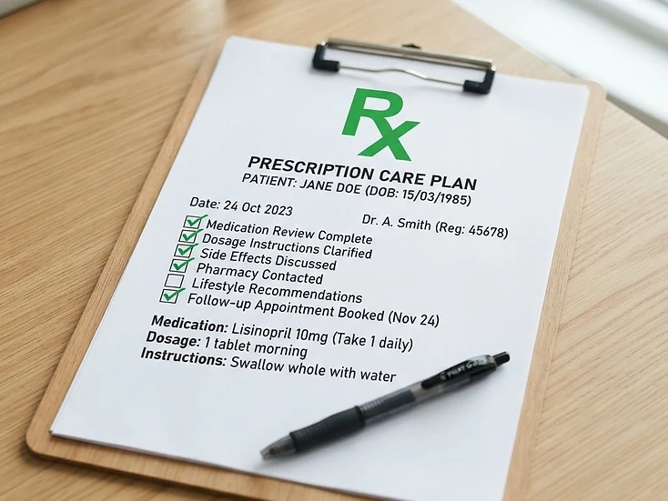 Printed prescription care-plan document with a green Rx symbol and green checkmarks on a checklist