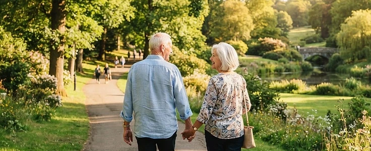 Older couple enjoying a walk together in a park