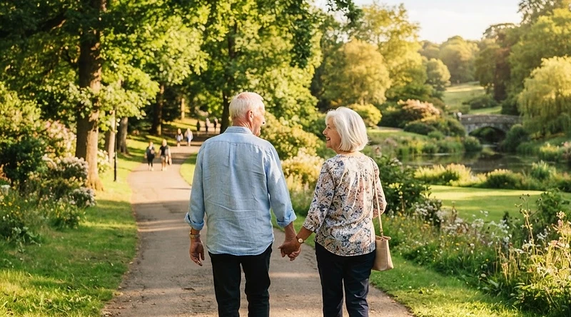 Older couple walking together outdoors in a park