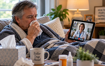 Sick man resting at home holding a tablet showing a telehealth video visit with a doctor