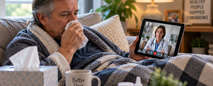 Older adult receiving a virtual medical consultation from home via tablet
