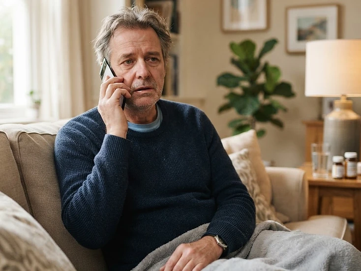 Older adult man feeling unwell on his couch at home, holding a smartphone to his ear to call for medical care