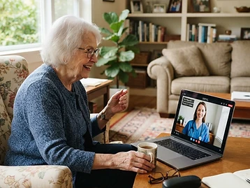 Older adult speaking with a physician through a laptop at home