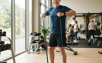 Active Medicare-age man exercising with a resistance band in a bright gym