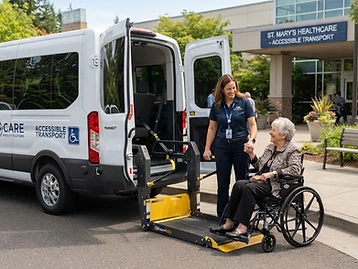 Accessible transportation van with a wheelchair user receiving assistance