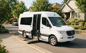 Accessible transport shuttle van parked at a residential curb