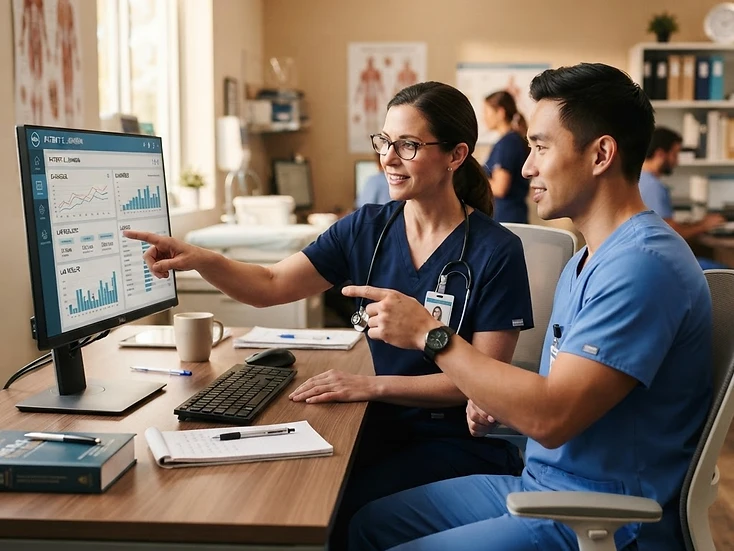Physician and nurse reviewing patient information together on a computer