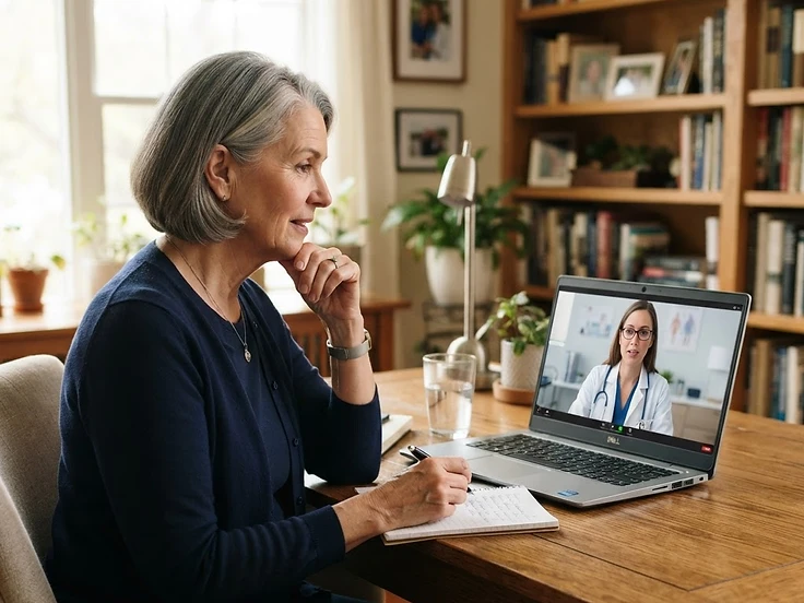 Adult speaking with a physician through a laptop during a medical evaluation at home