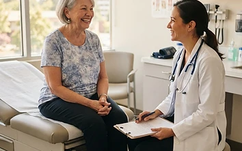 Medicare-age woman smiling during a preventive wellness check in a bright clinic