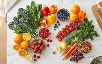 Fresh colorful produce arranged on a clean kitchen countertop