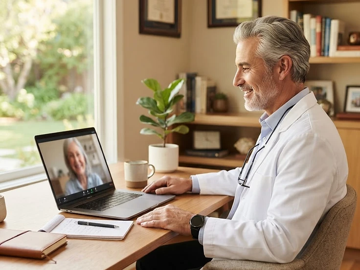 Experienced male physician conducting a telehealth visit from his home office
