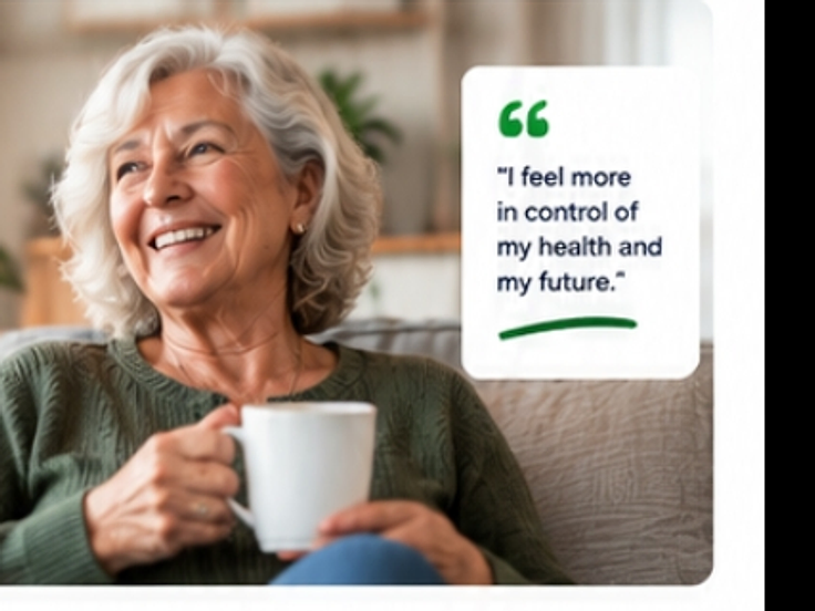 Older woman smiling at home holding a warm mug