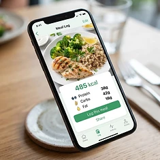 Smartphone app displaying a meal photo with nutrition information