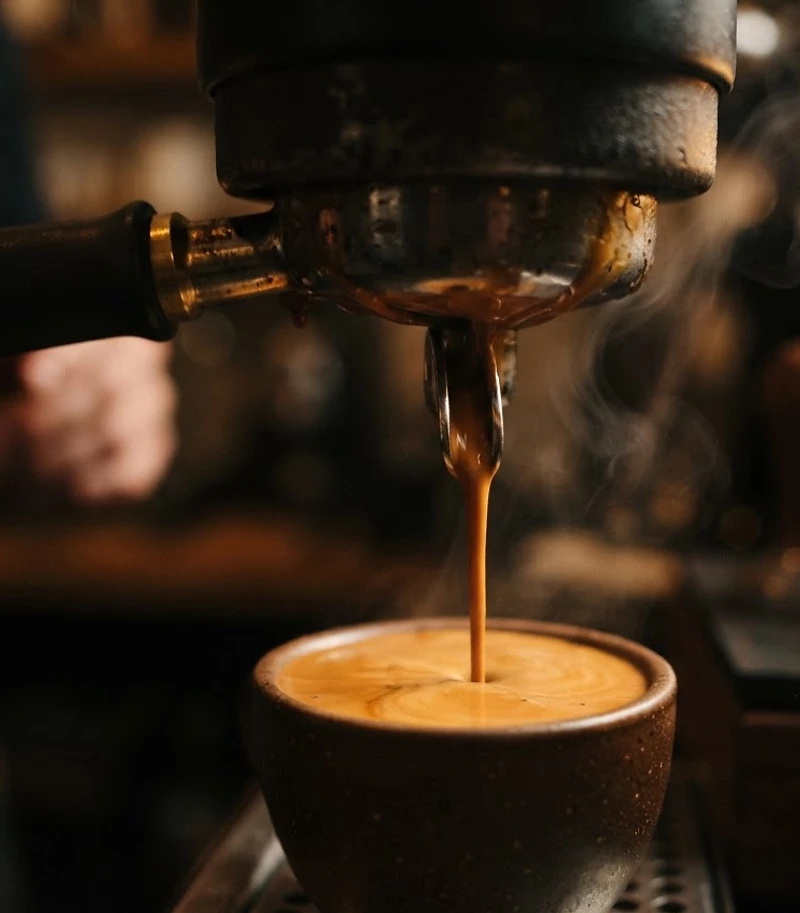 Espresso pouring with rising steam
