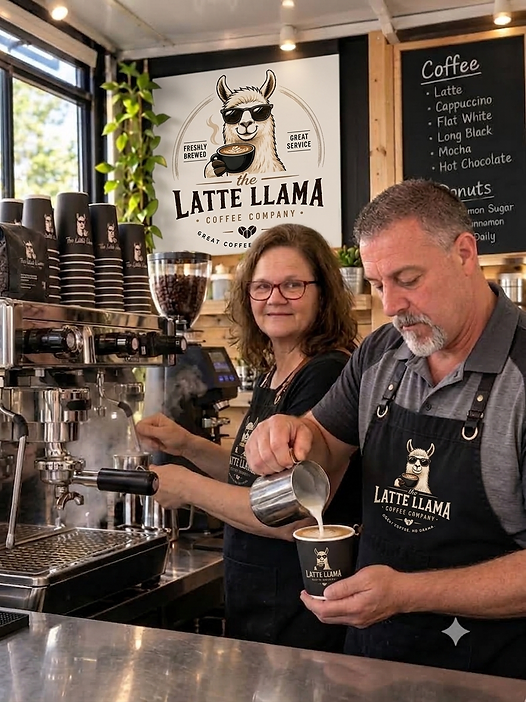 Kellie and Dennis working inside The Latte Llama coffee van