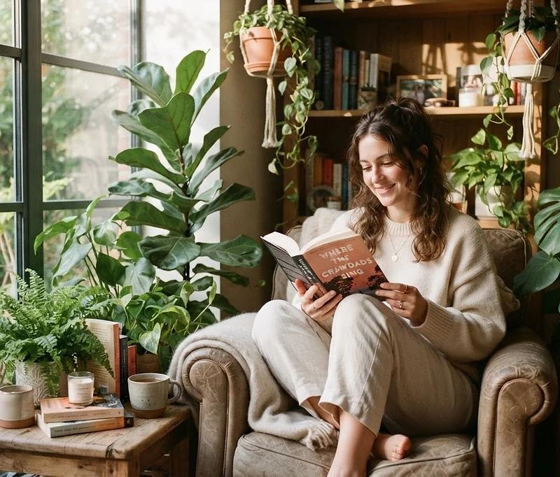 A quiet moment reading in a sunlit corner surrounded by plants
