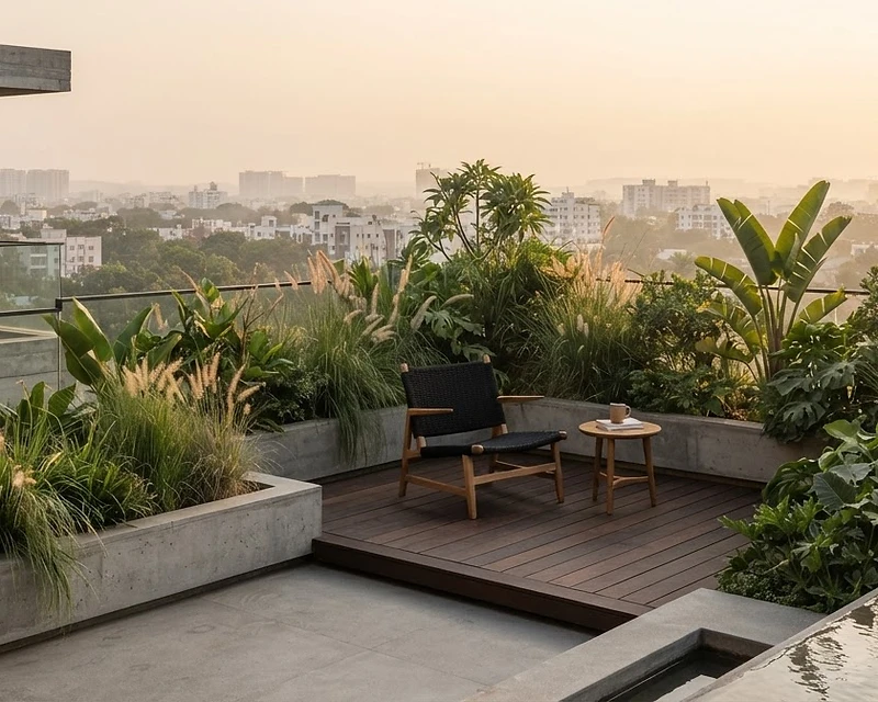 A modern residential terrace at dawn, layered with grasses and broad-leaf plants integrated into the architecture