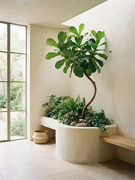 A minimalist interior where plants grow from architectural built-in planters