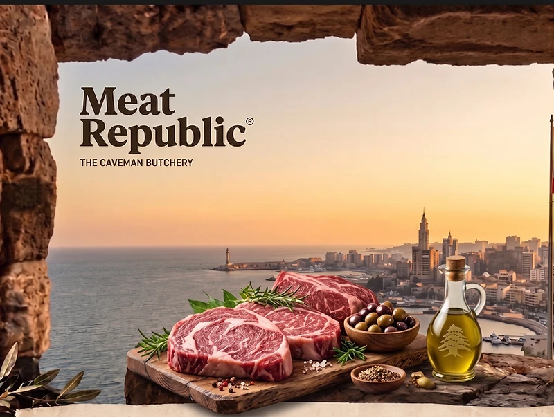 Premium marbled beef steaks with a coastal Lebanese sunset