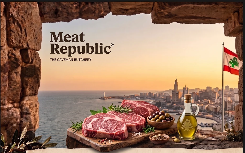 Premium marbled beef steaks with a coastal Lebanese sunset