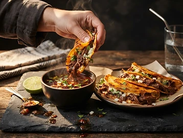 Tacos de birria con consomé servidos en El Puerto San Jorge, Rivas