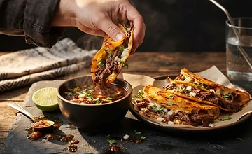 Tacos de birria con consomé servidos en El Puerto San Jorge, Rivas