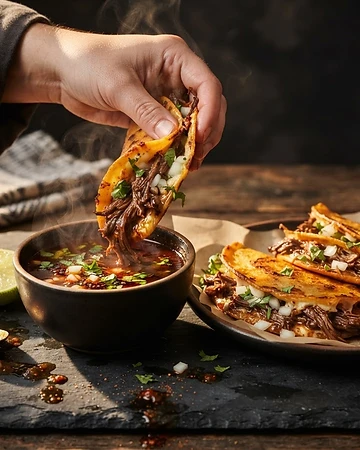 Tacos de birria con consomé servidos en El Puerto San Jorge, Rivas