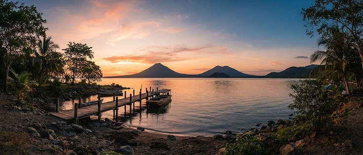 Orilla del Lago Cocibolca en San Jorge, Rivas, con la isla de Ometepe al fondo