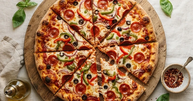 Pizza suprema familiar de El Puerto San Jorge vista desde arriba