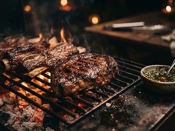 Cortes de carne asándose en la parrilla de El Puerto San Jorge