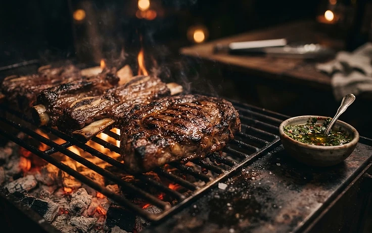 Cortes de carne asándose en la parrilla de El Puerto San Jorge