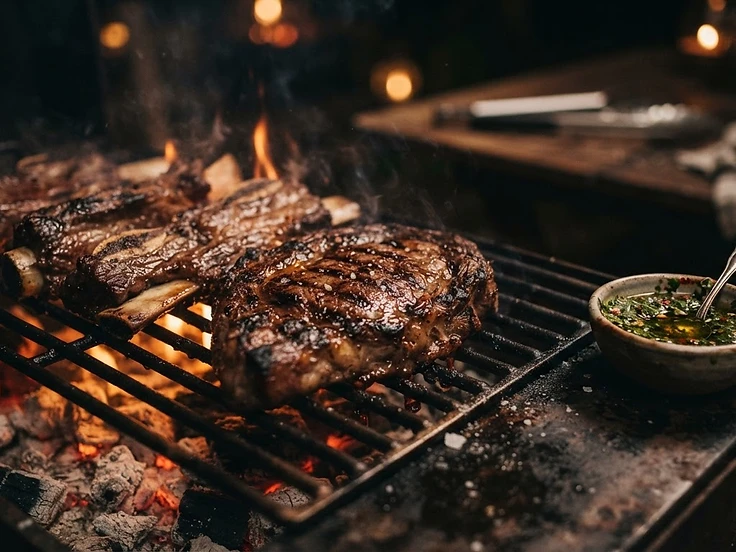 Cortes de carne asándose en la parrilla de El Puerto San Jorge