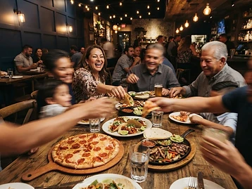 Familia compartiendo pizza, tacos y asados en una mesa de El Puerto San Jorge