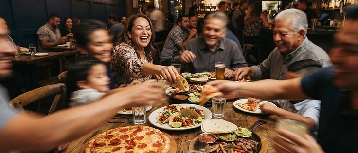 Familia compartiendo pizza, tacos y asados en una mesa de El Puerto San Jorge