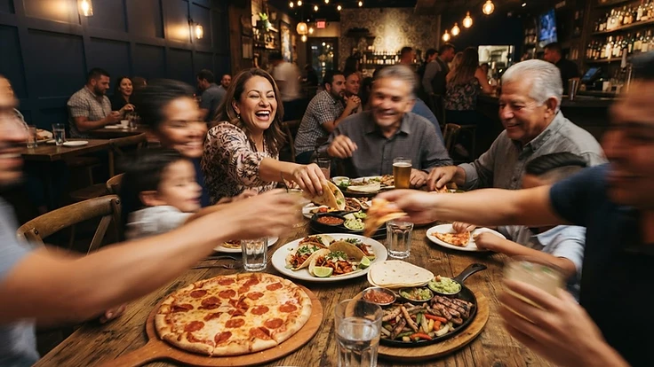 Familia compartiendo pizza, tacos y asados en una mesa de El Puerto San Jorge
