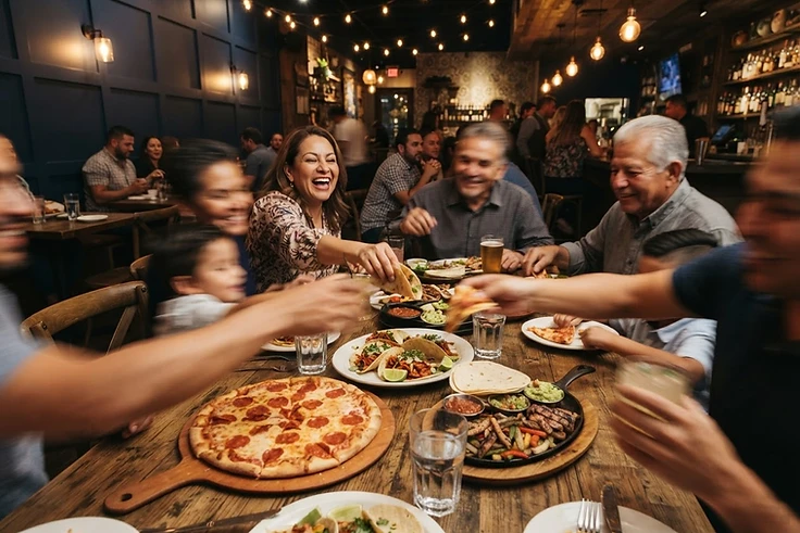 Familia compartiendo pizza, tacos y asados en una mesa de El Puerto San Jorge