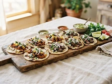 Orden de tacos mexicanos al pastor y res asada servidos en tabla en El Puerto San Jorge