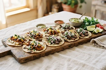 Orden de tacos mexicanos al pastor y res asada servidos en tabla en El Puerto San Jorge