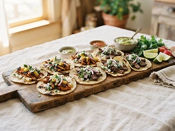 Orden de tacos mexicanos al pastor y res asada servidos en tabla en El Puerto San Jorge