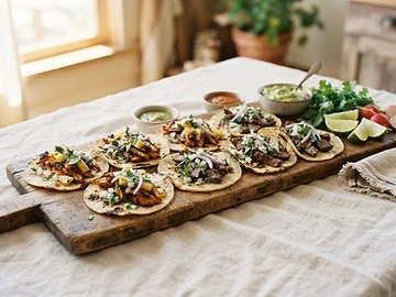 Orden de tacos mexicanos al pastor y res asada servidos en tabla en El Puerto San Jorge
